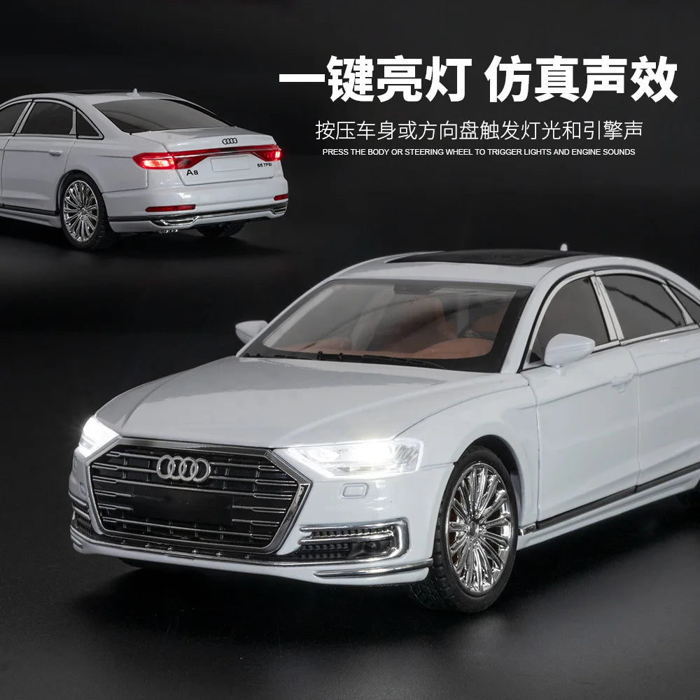 1:24 AUDI A8 modello di auto in lega pressofuso veicoli giocattolo in metallo modello di auto alta simulazione collezione di suoni e luci regali per bambini
