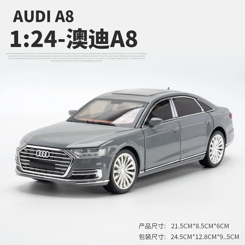1:24 AUDI A8 modello di auto in lega pressofuso veicoli giocattolo in metallo modello di auto alta simulazione collezione di suoni e luci regali per bambini